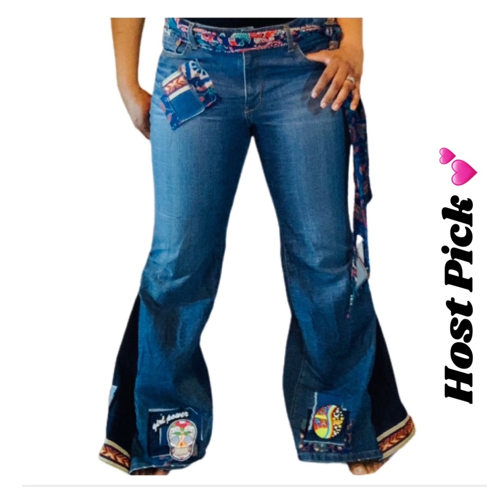 Handmade Boho Flare Jeans Bell Bottom Women’s Jeans Upcycled - Picture 2 of 11